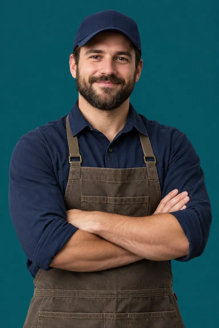 A shop owner in a cap and work apron